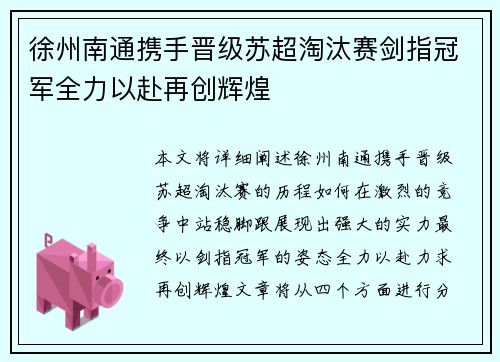 徐州南通携手晋级苏超淘汰赛剑指冠军全力以赴再创辉煌
